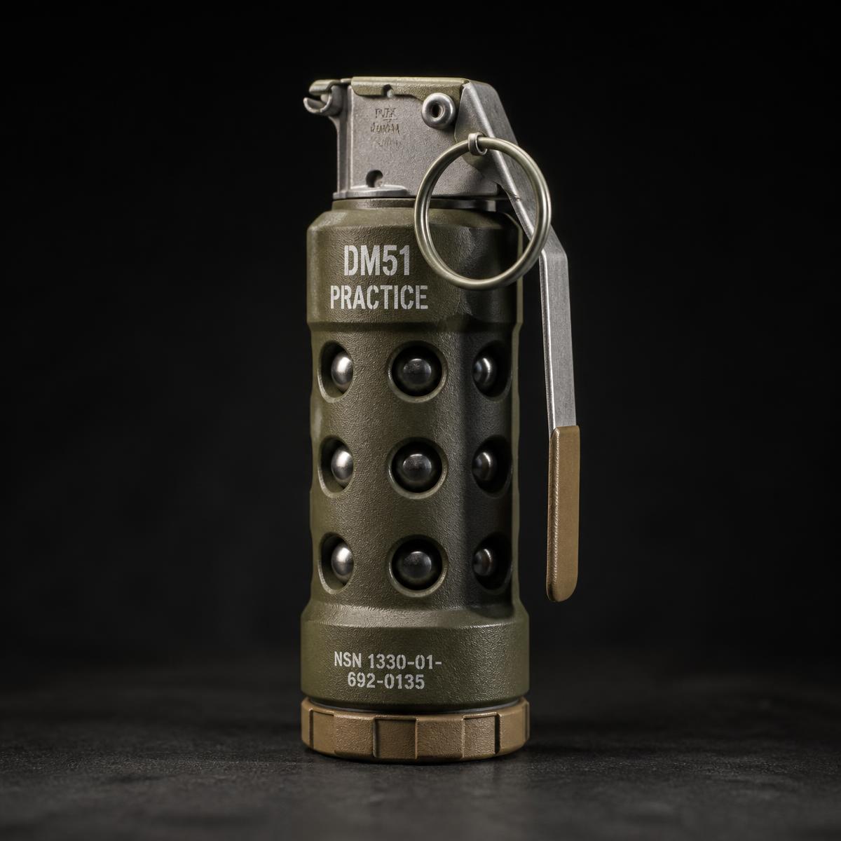 QuietBlast DM-Replica airsoft practice grenade with olive DM51-style polymer body and coyote-tan base, shown upright on a dark surface